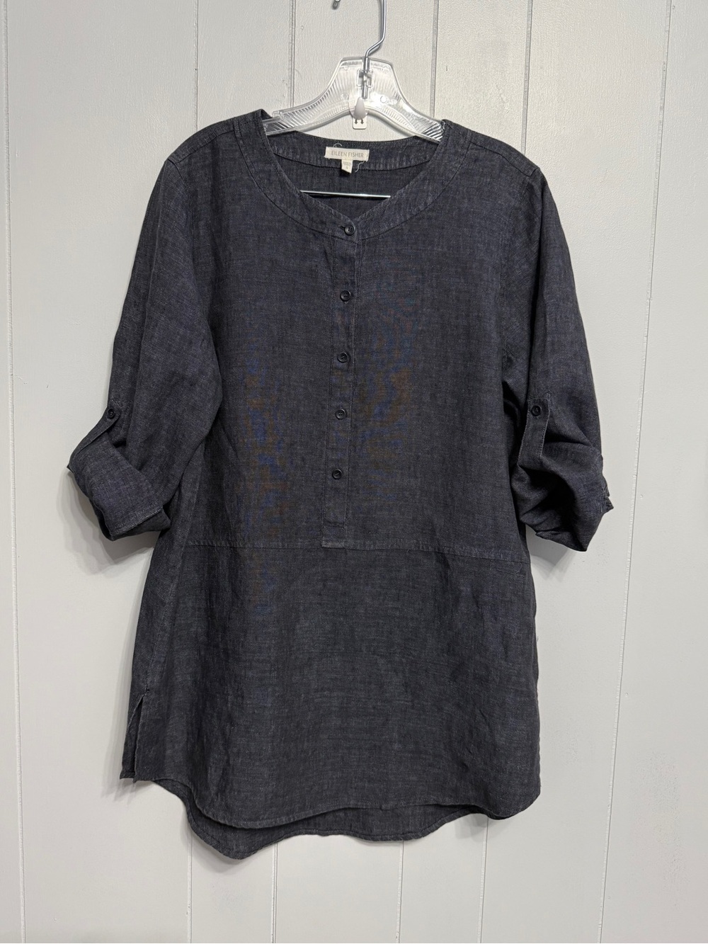 #19)  Eileen Fisher Charcoal Gray Linen Henley Tunic